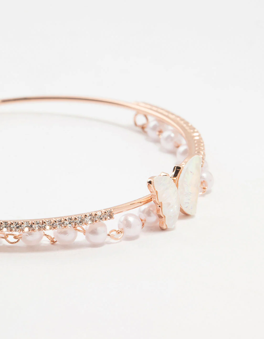 Rose Gold Plated Mother Of Pearl Butterfly & Pearl Wrist Cuff - Image 2