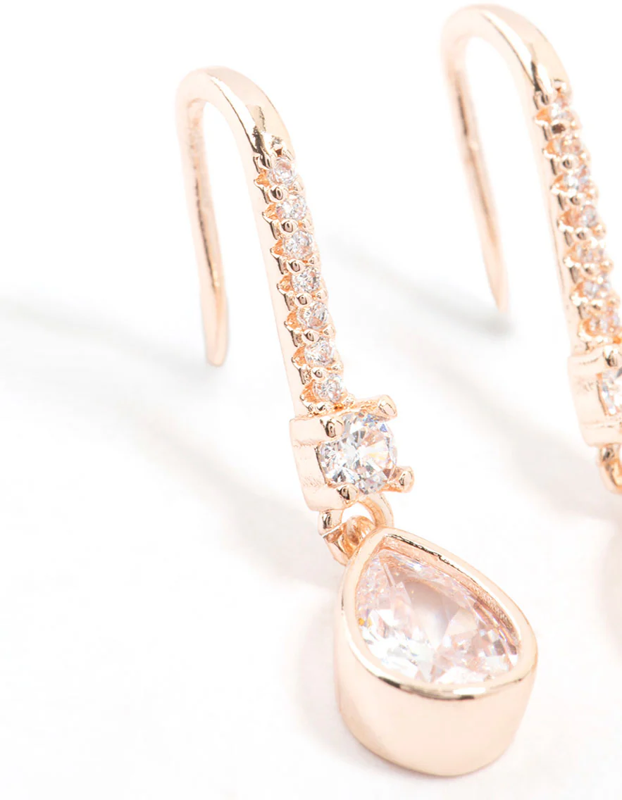 Rose Gold Plated Pave Hook Pear Drop Earrings - Image 2