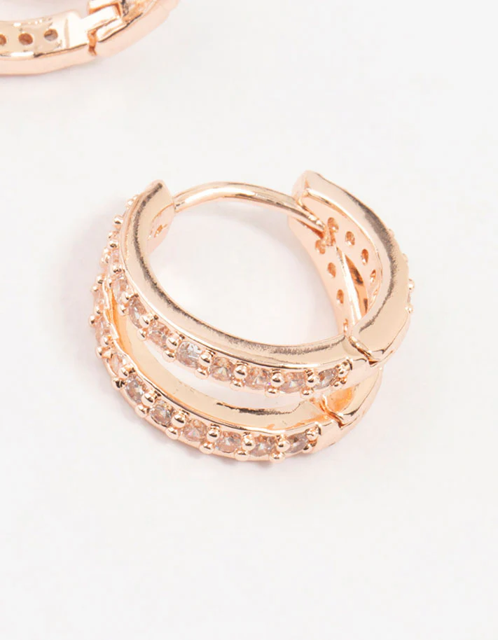 Rose Gold Plated Pave Mini Hoop Earrings - Image 3