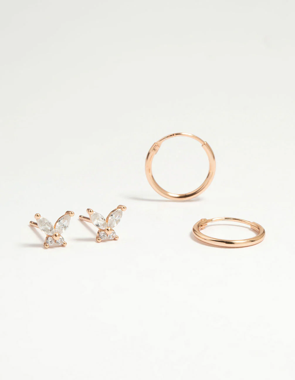 Rose Gold Plated Sterling Silver Butterfly Studs & Hoop Earrings 2-Pack
