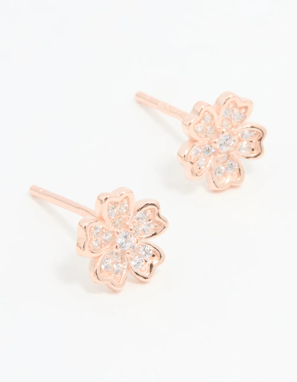 Rose Gold Plated Sterling Silver Cubic Zirconia Flower Stud Earrings - Image 2