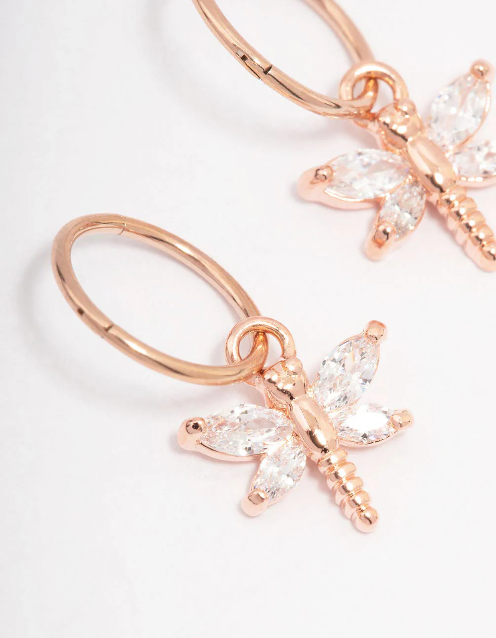 Rose Gold Plated Surgical Steel Cubic Zirconia Dragonfly Hoop Earrings - Image 2