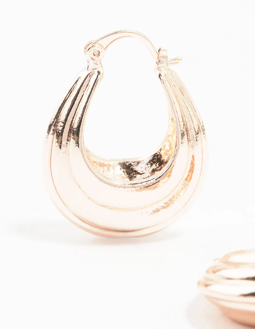 Rose Gold Plated Ribbed Chunky Hoop Earrings - Image 2