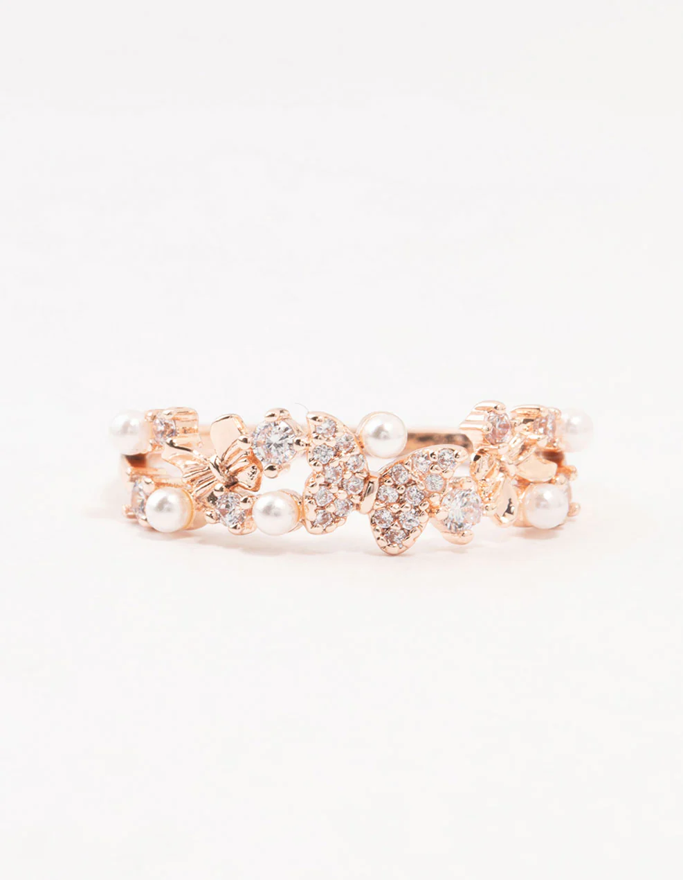 Rose Plated Gold Butterfly Pearl Band Ring - Image 2