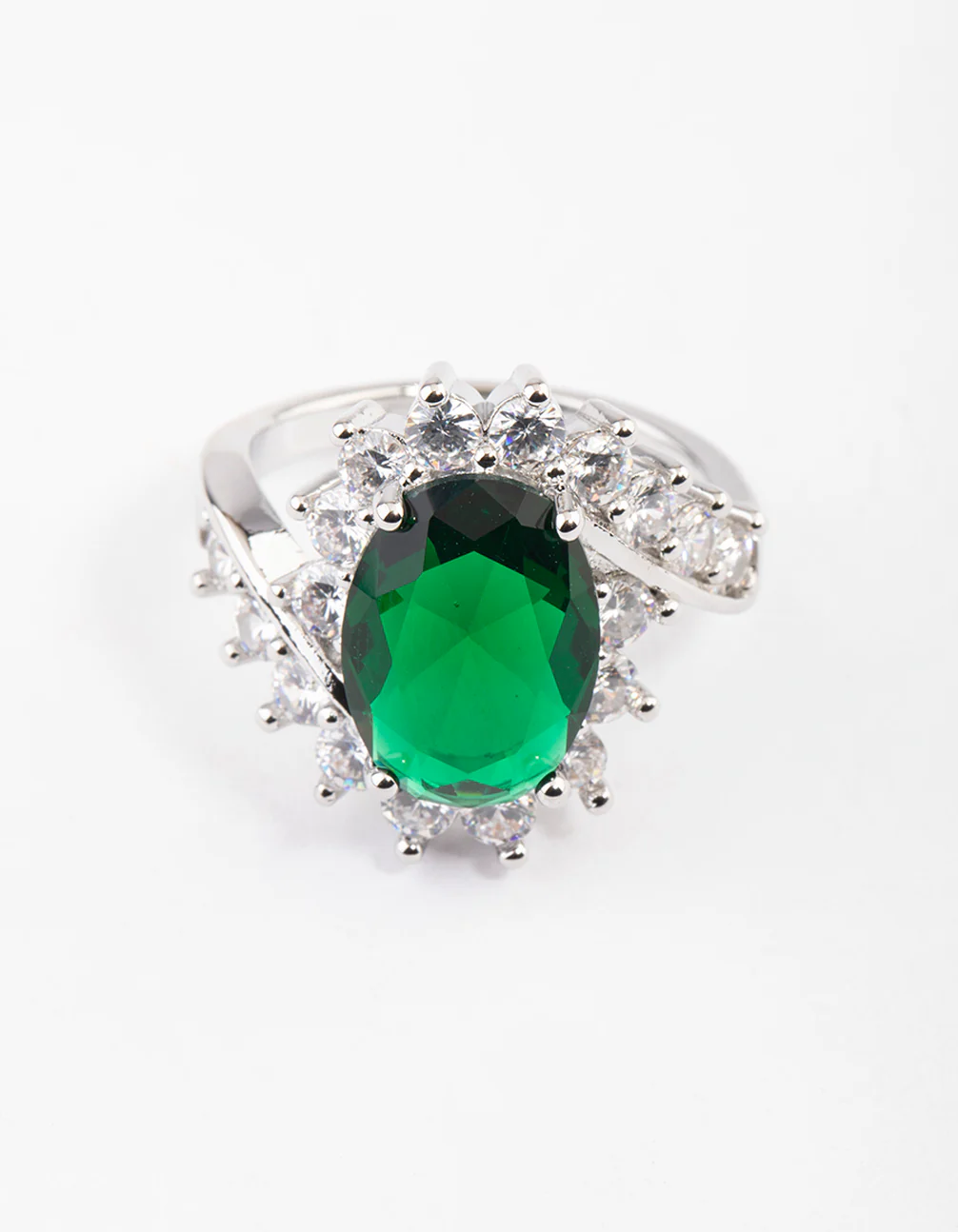 Silver Cubic Zirconia Vintage Green Oval Ring - Image 2
