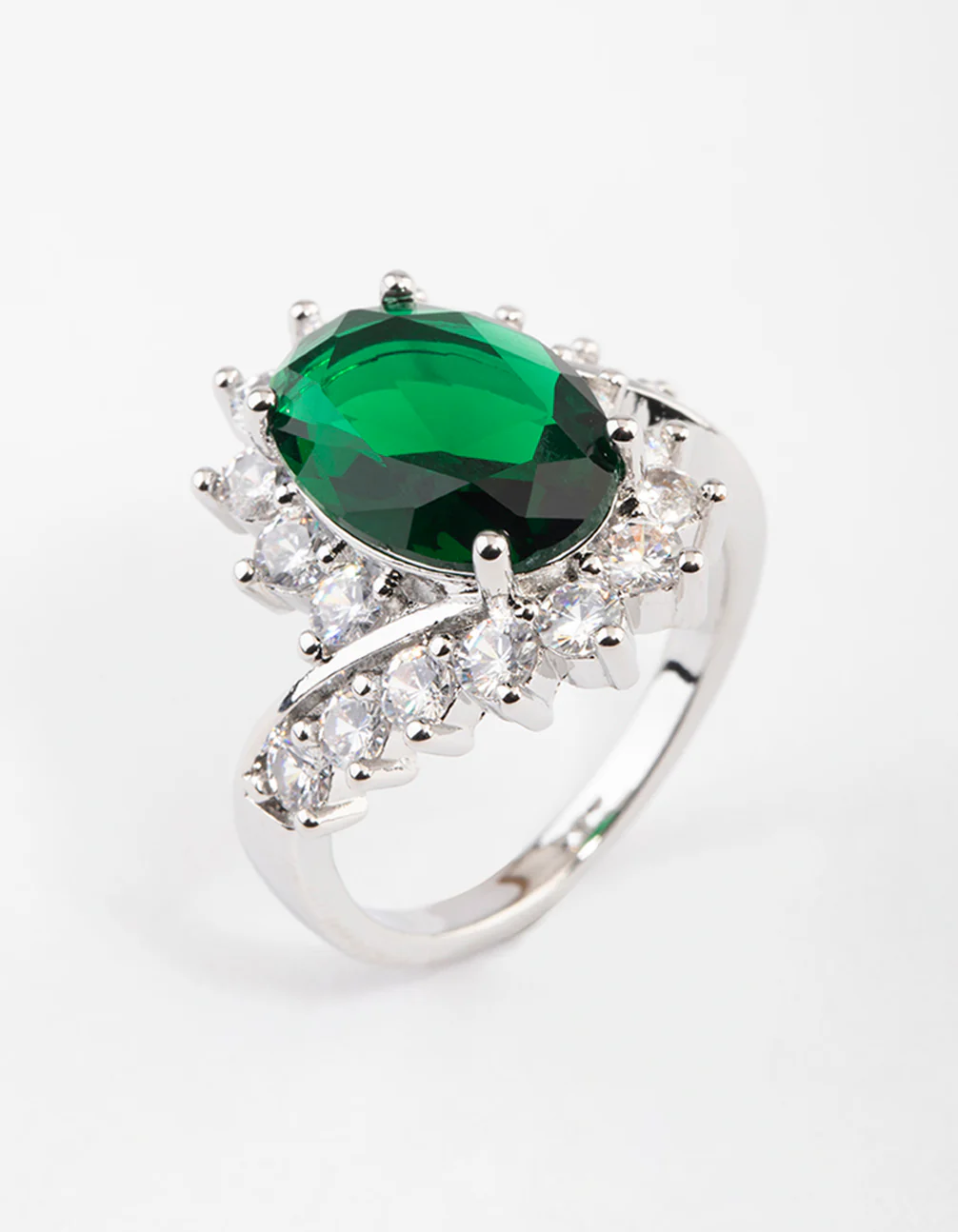 Silver Cubic Zirconia Vintage Green Oval Ring - Image 3