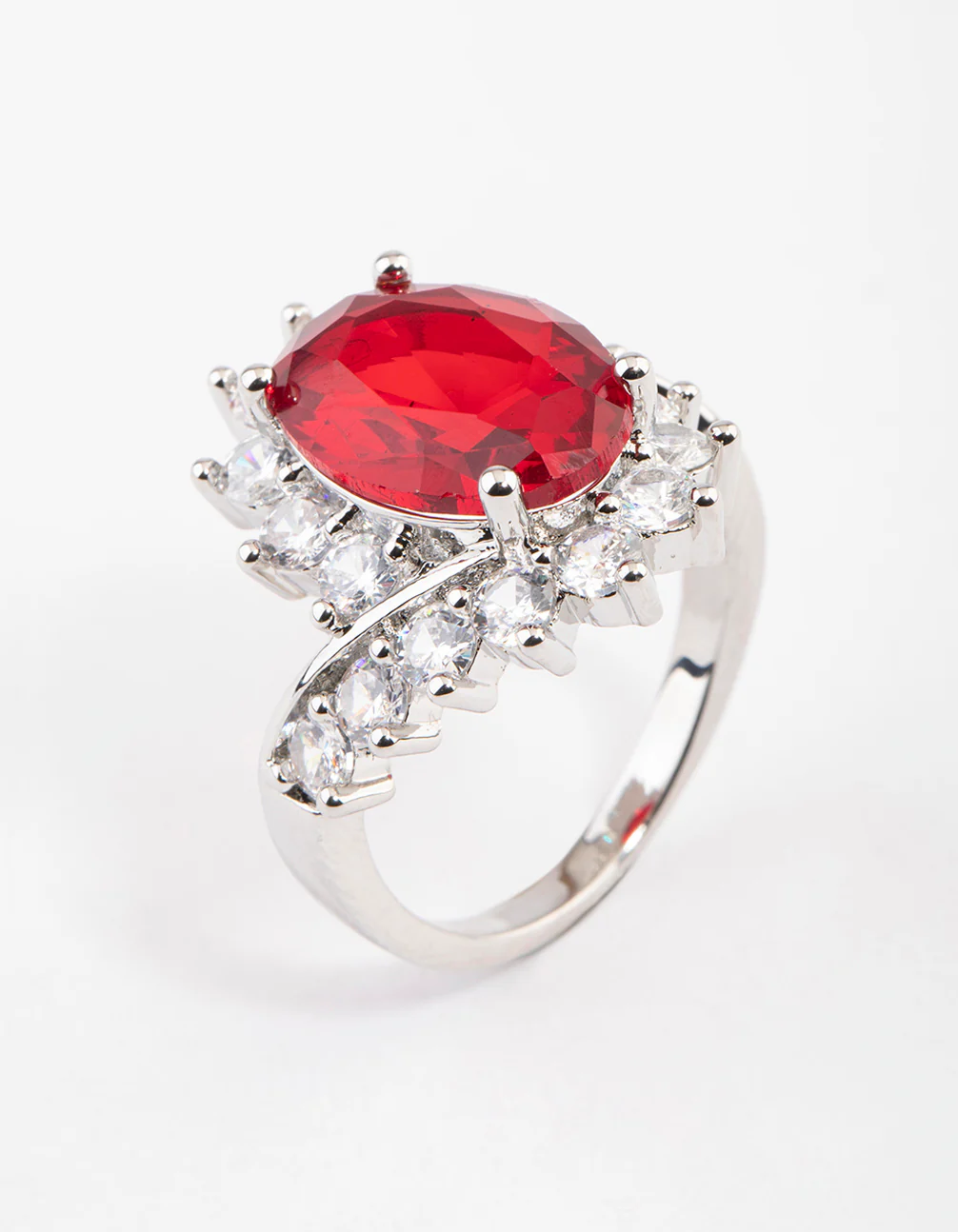 Silver Cubic Zirconia Vintage Red Oval Ring - Image 2
