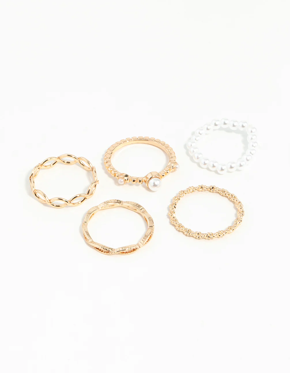 Gold Pearl & Twist Ring 5-Pack