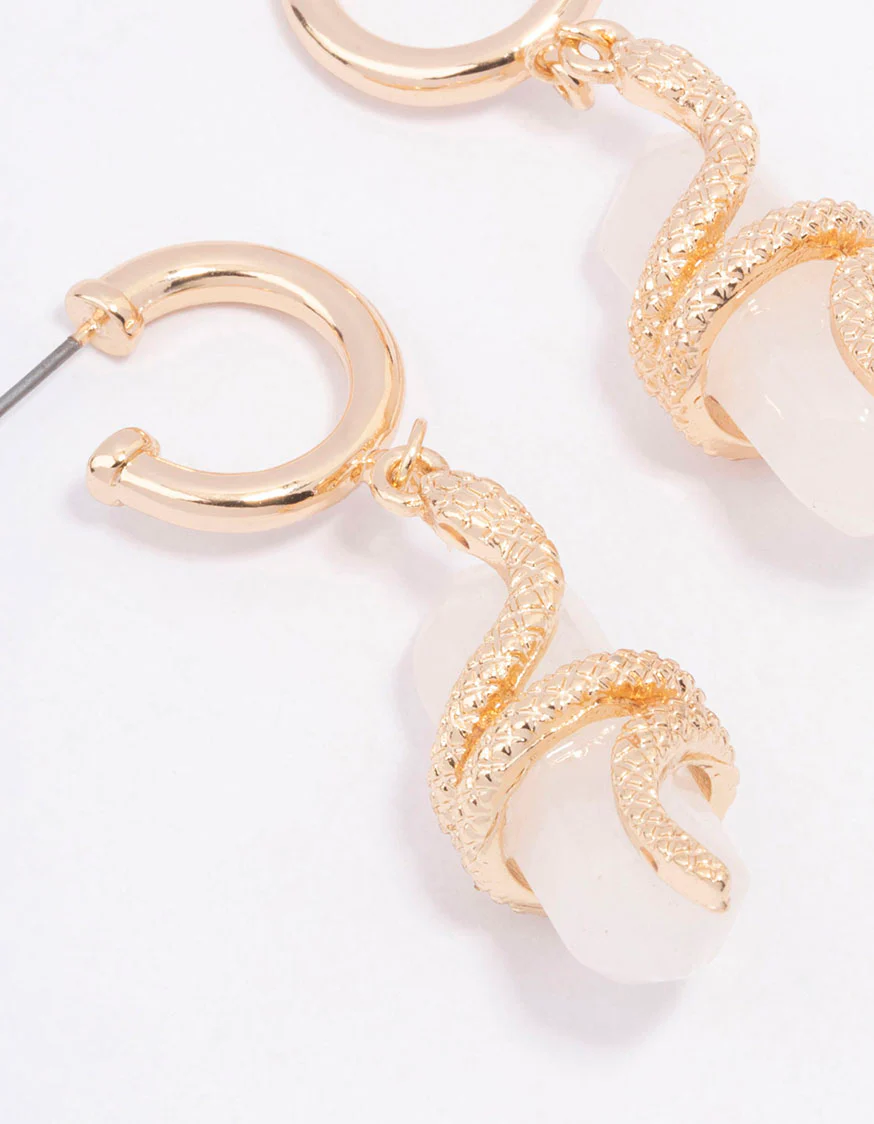 Gold Clear Quartz Snake Wrapped Drop Earrings - Image 2