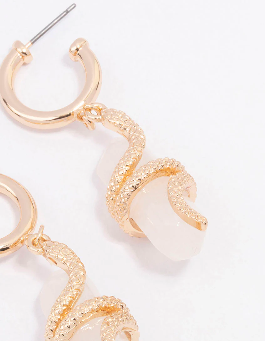 Gold Clear Quartz Snake Wrapped Drop Earrings - Image 3