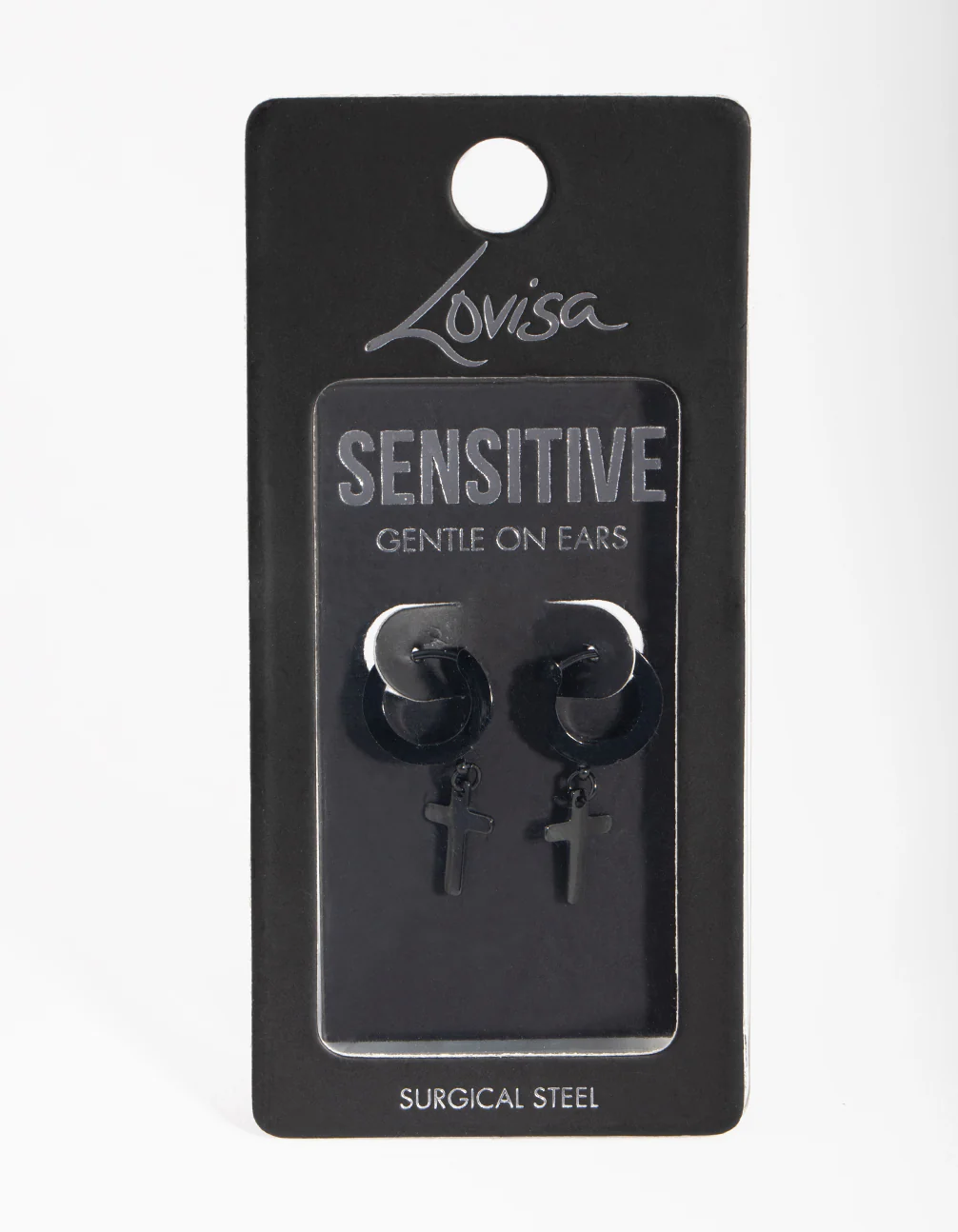 Black Coated Metal Surgical Steel Cross Huggie Earrings - Image 3