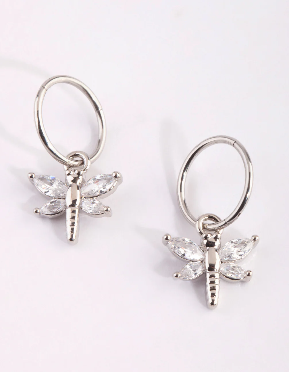 Surgical Steel Cubic Zirconia Dragonfly Hoop Earrings - Image 2