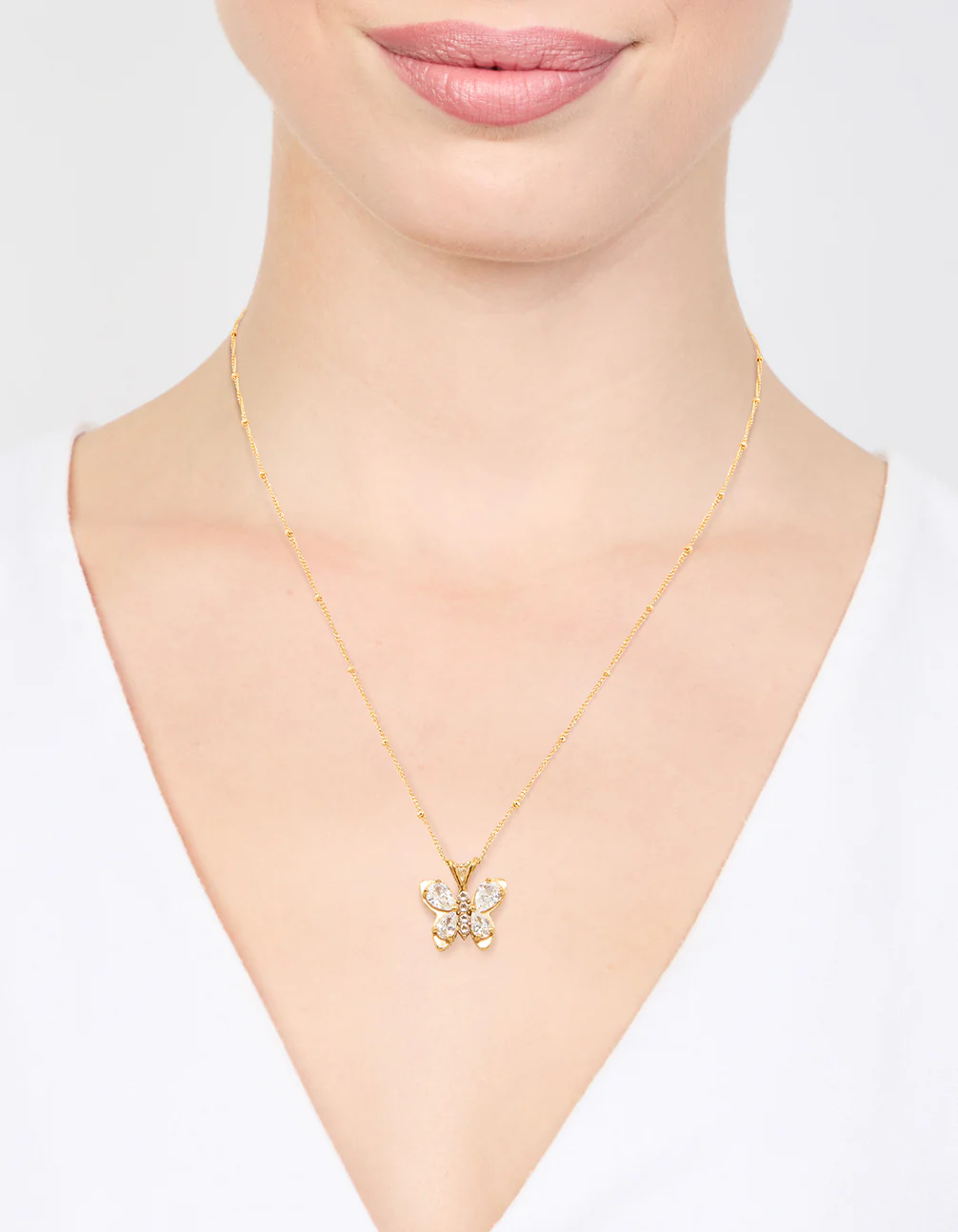 Waterproof Gold Plated Stainless Steel Cubic Zirconia Butterfly Necklace - Image 2