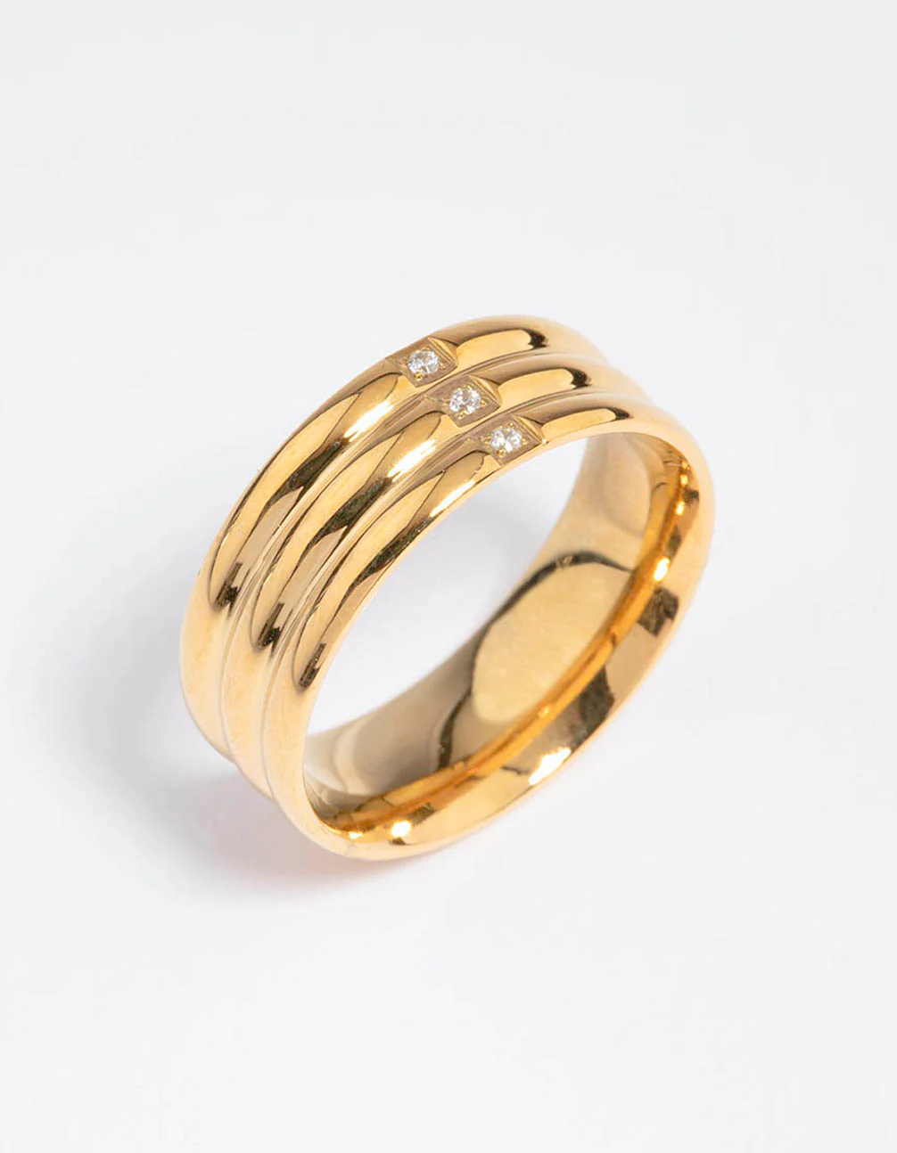 Waterproof Gold Plated Stainless Steel Cubic Zirconia Triple Plain Band Ring - Image 2