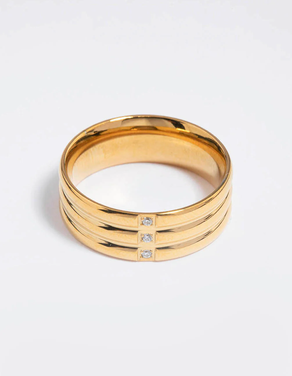 Waterproof Gold Plated Stainless Steel Cubic Zirconia Triple Plain Band Ring - Image 3