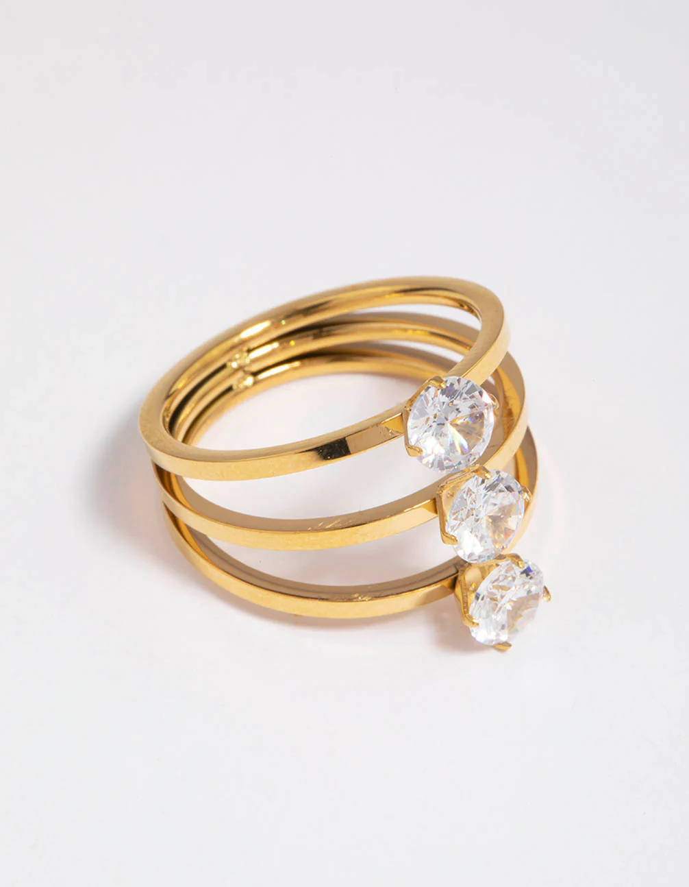 Waterproof Gold Plated Stainless Steel Cubic Zirconia Triple Tier Ring