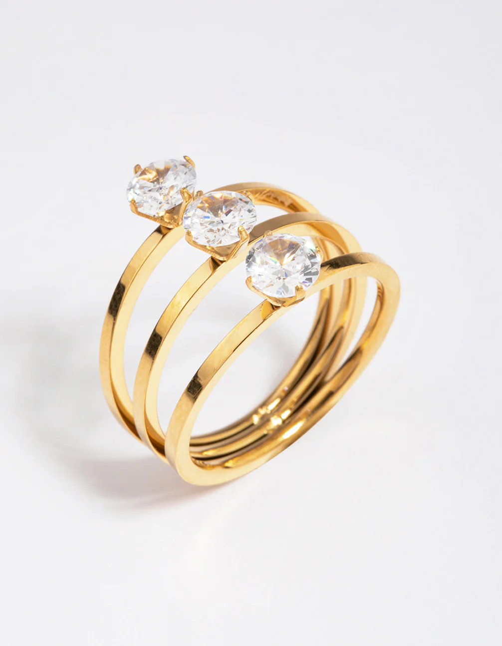 Waterproof Gold Plated Stainless Steel Cubic Zirconia Triple Tier Ring - Image 2