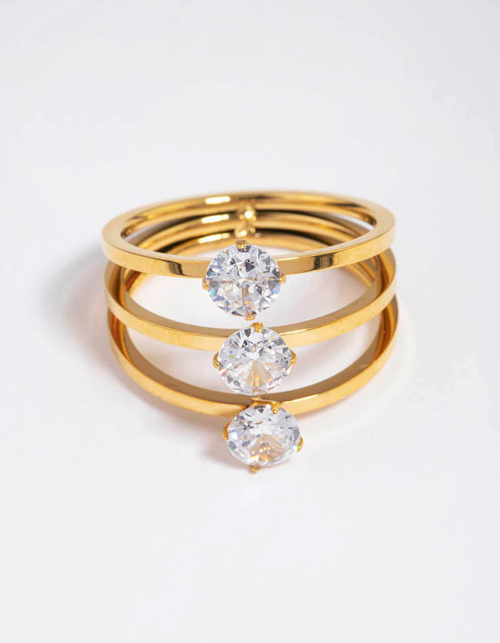 Waterproof Gold Plated Stainless Steel Cubic Zirconia Triple Tier Ring - Image 3