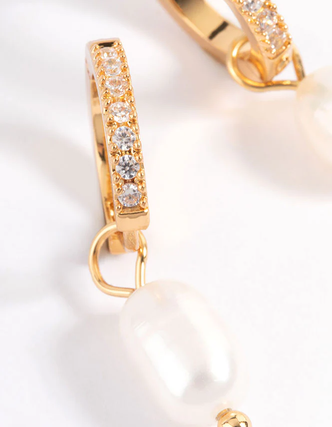 Waterproof Gold Plated Stainless Steel Diamante Freshwater Pearl Drop Huggie Earrings - Image 7