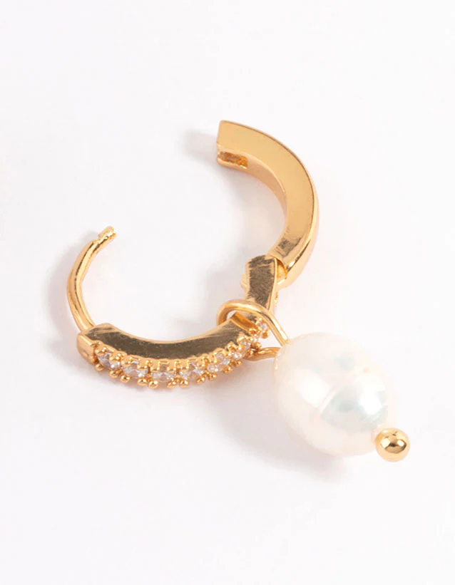 Waterproof Gold Plated Stainless Steel Diamante Freshwater Pearl Drop Huggie Earrings - Image 8
