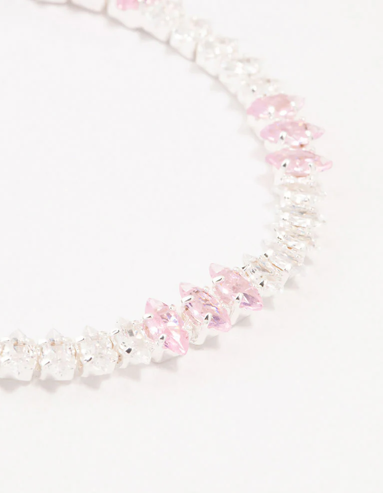Silver Alternating Clear & Pink Marquise Cluster Cubic Zirconia Bracelet - Image 2