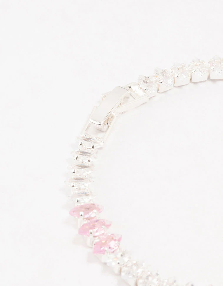 Silver Alternating Clear & Pink Marquise Cluster Cubic Zirconia Bracelet - Image 3