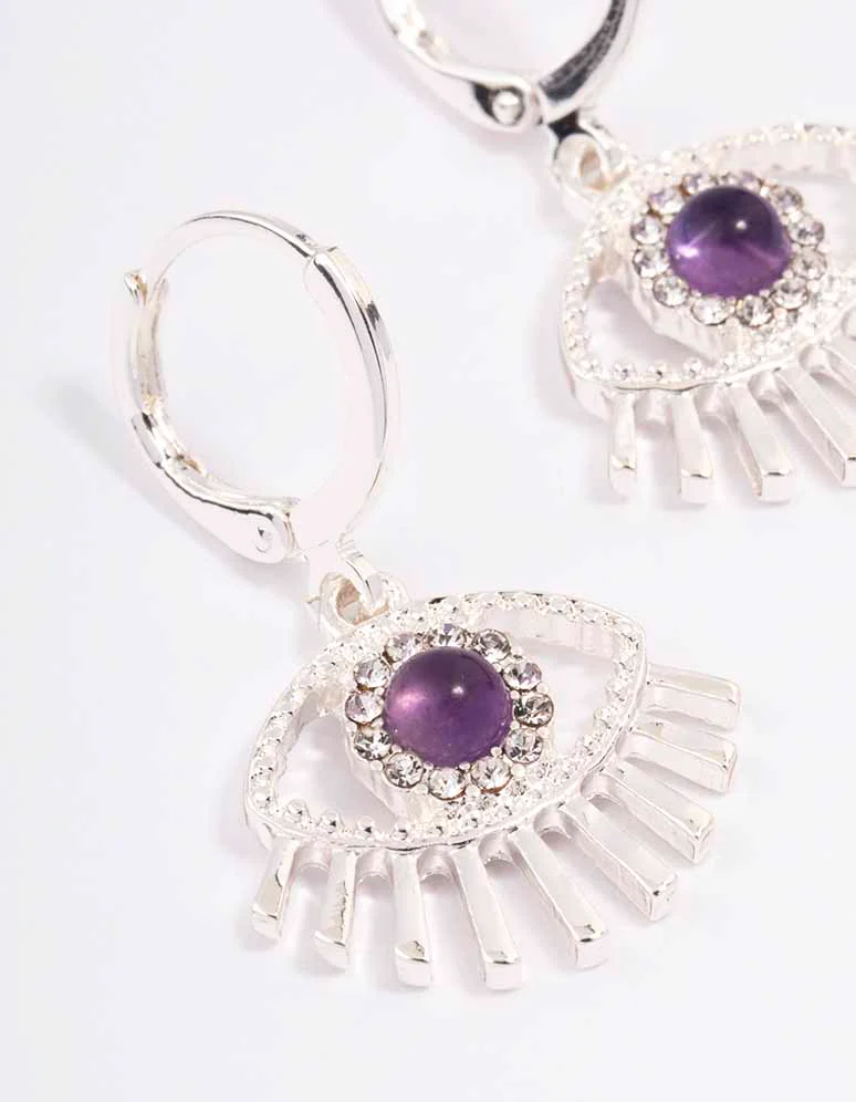Silver Amethyst Diamante Evil Eye Huggie Earrings - Image 2