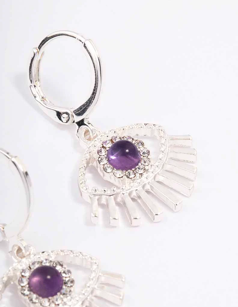 Silver Amethyst Diamante Evil Eye Huggie Earrings - Image 3