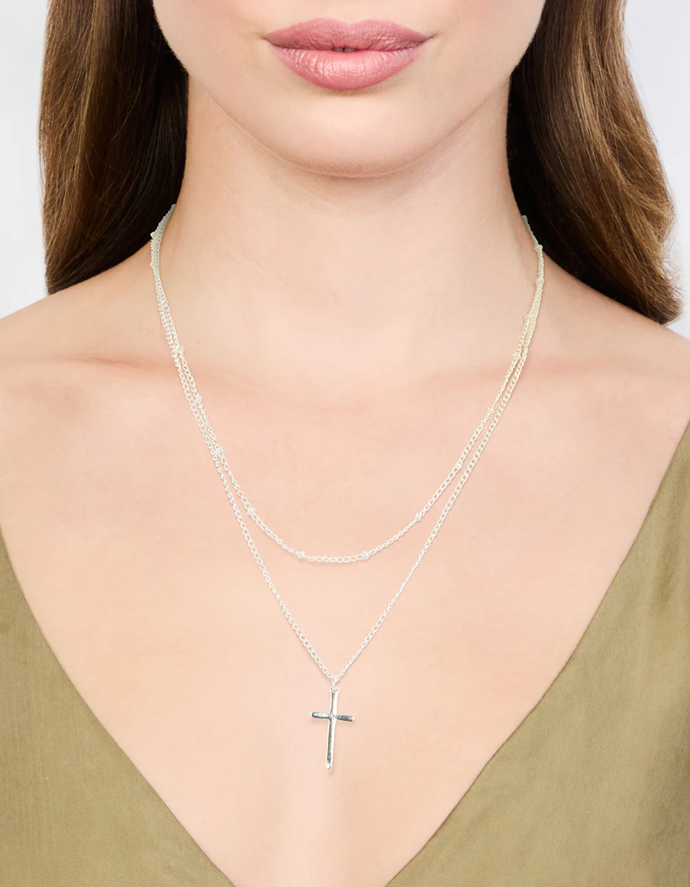 Silver Ball Chain Cross Layered Necklace - Image 2
