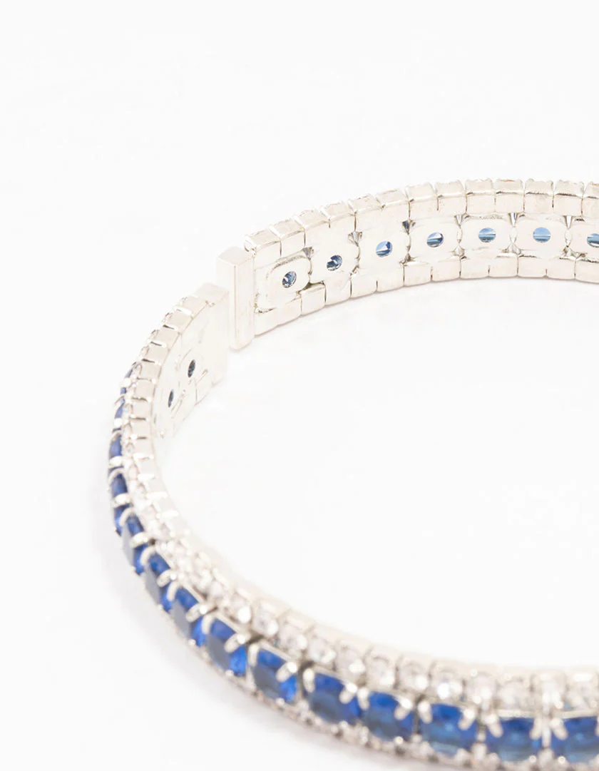 Silver & Blue Round Encased Cubic Zirconia Wrist Cuff - Image 3