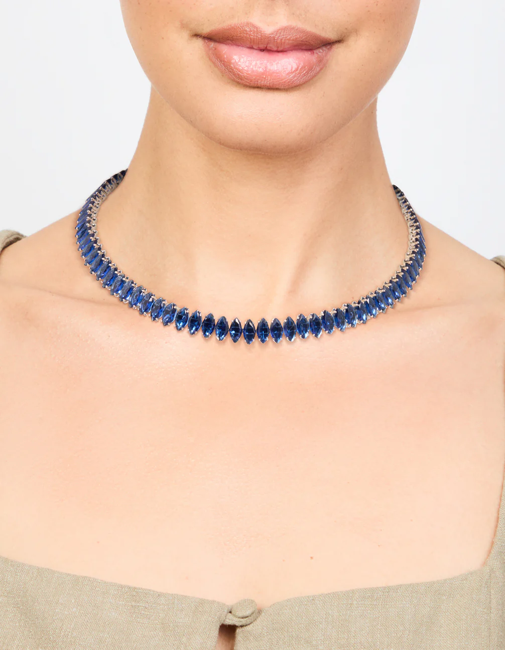 Silver Blue Cubic Zirconia Navette Choker Necklace - Image 2
