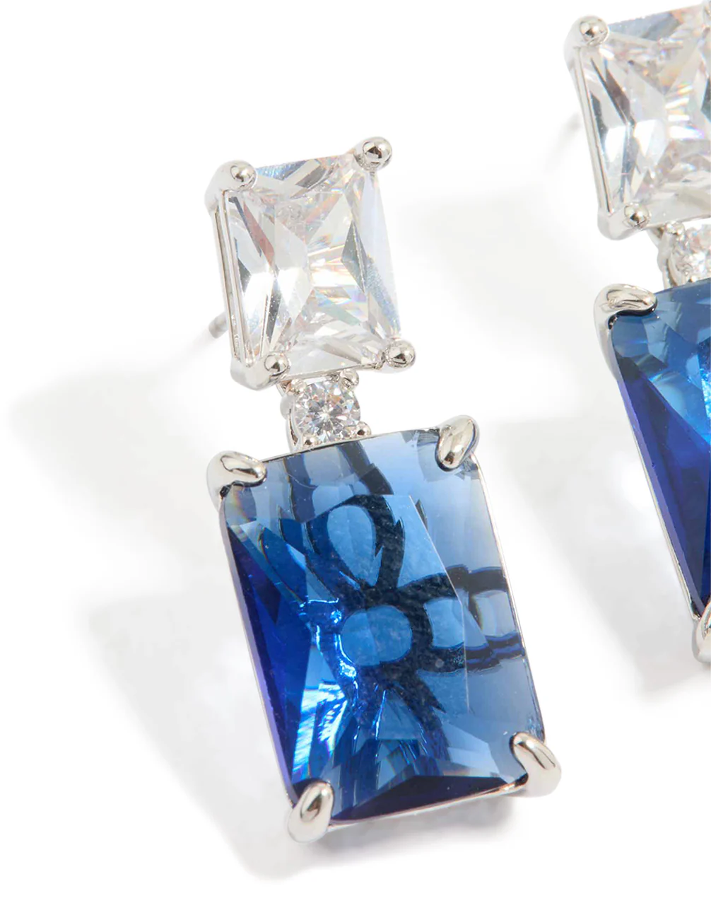 Silver Blue Cubic Zirconia Rectangle Stud Earrings - Image 2