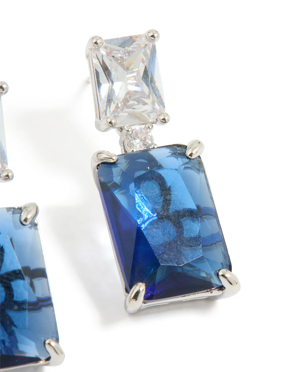 Silver Blue Cubic Zirconia Rectangle Stud Earrings - Image 3