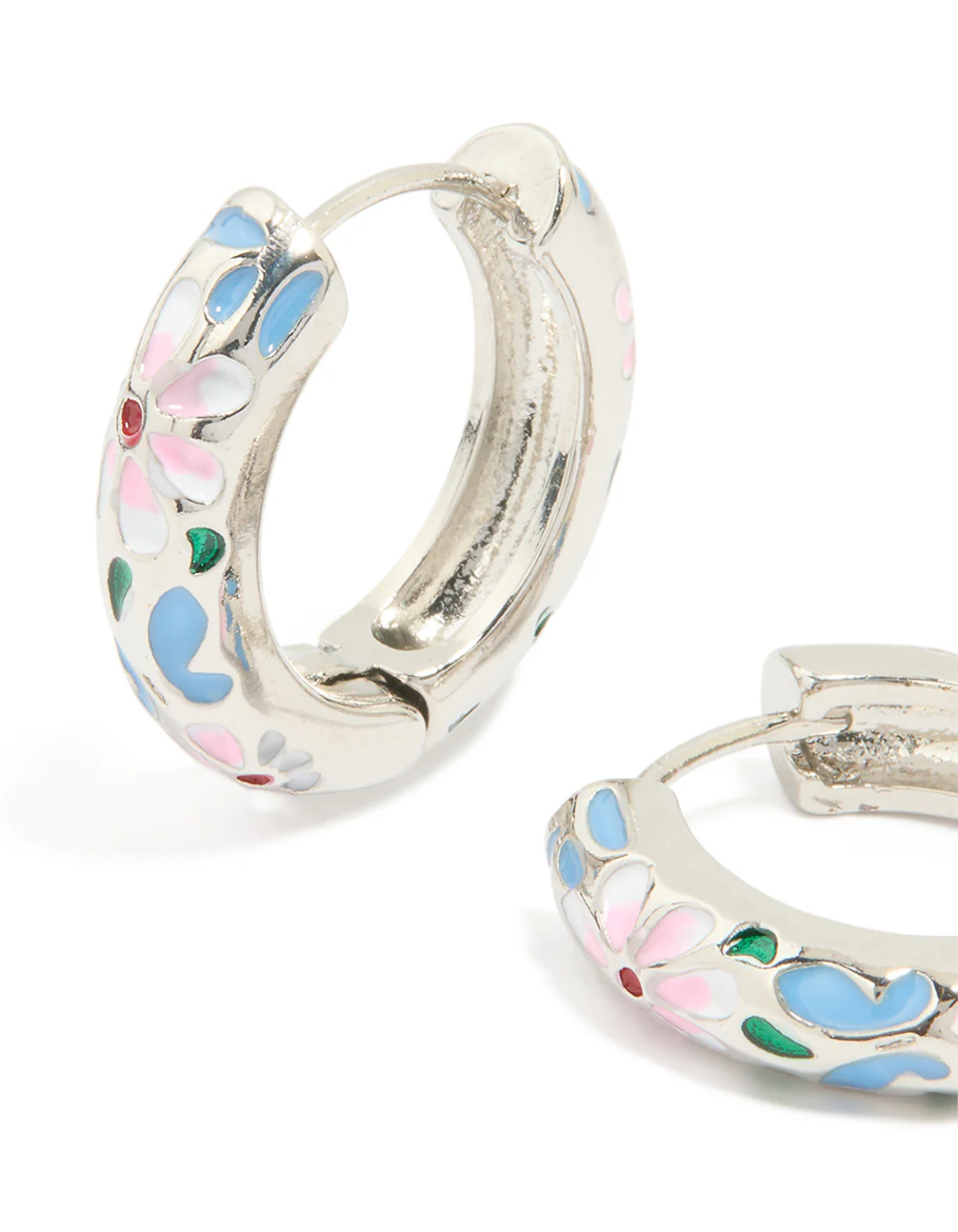 Silver Blue & Pink Enamel Flower Design Hoop Earrings - Image 3