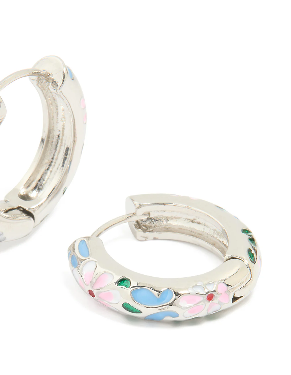 Silver Blue & Pink Enamel Flower Design Hoop Earrings - Image 4
