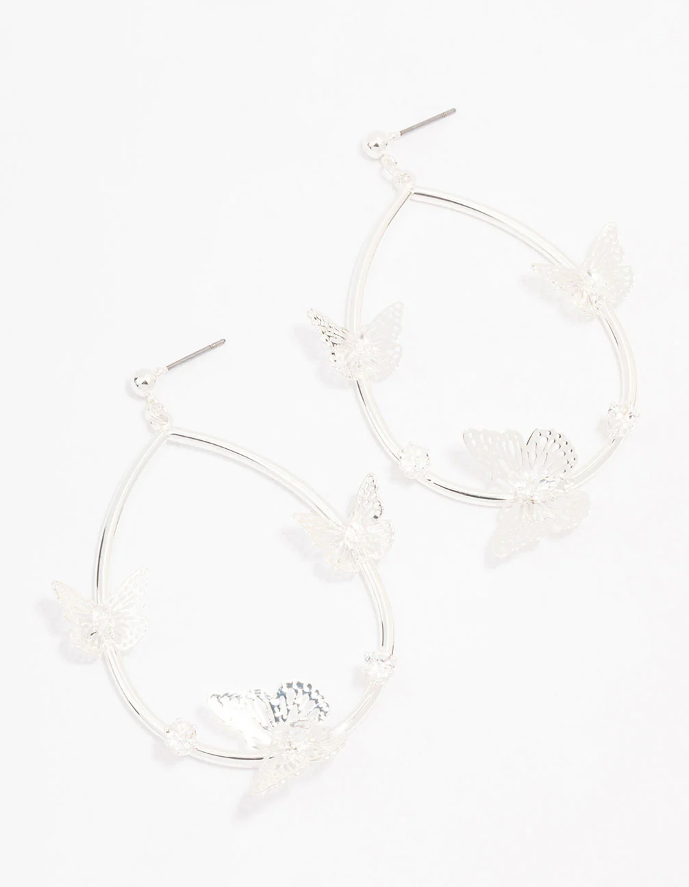 Silver Butterfly Oval Drop Earrings