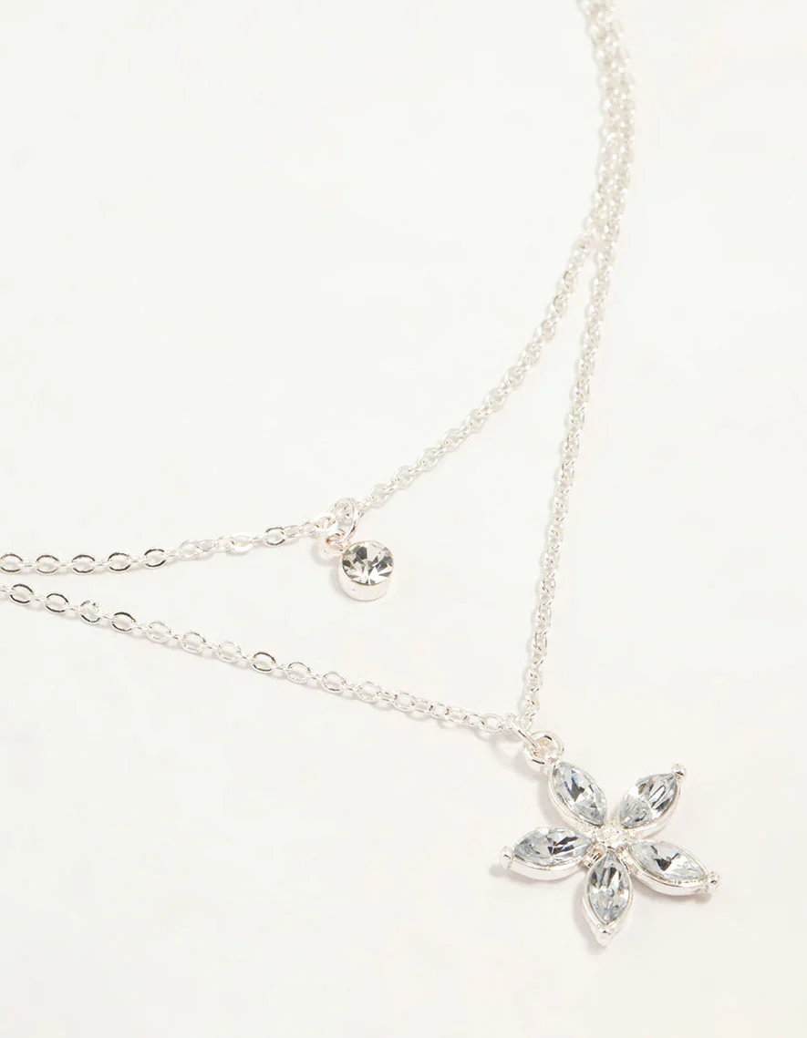 Silver Diamante Flower Layered Necklace - Image 2