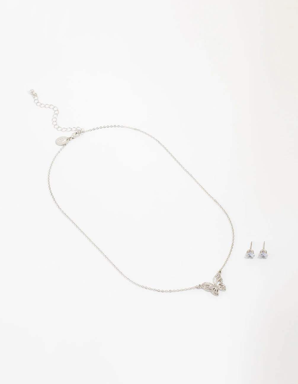 Silver Cubic Zirconia Butterfly Necklace & Stud Earrings Necklace & Stud Earrings Set - Image 2