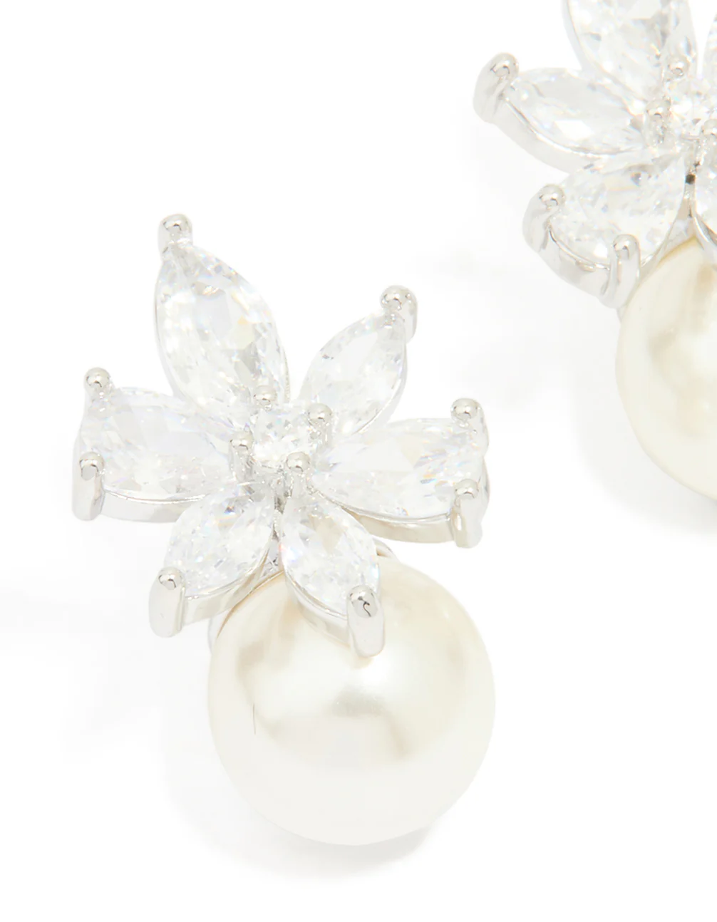 Silver Cubic Zirconia Flower Pearl Drop Earrings - Image 2