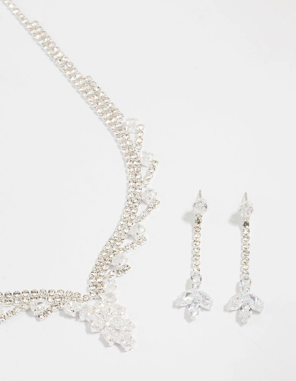 Silver Cubic Zirconia Geometric Pear V-Necklace & Earrings Set