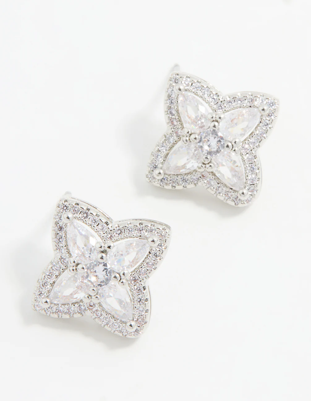 Silver Cubic Zirconia Marquise Flower Stud Earrings