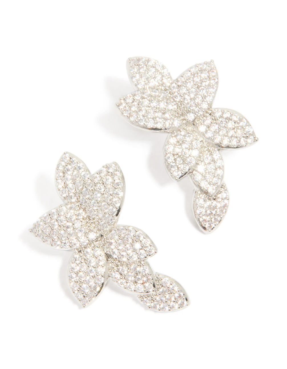 Silver Cubic Zirconia Pave Flower Stud Earrings - Image 2