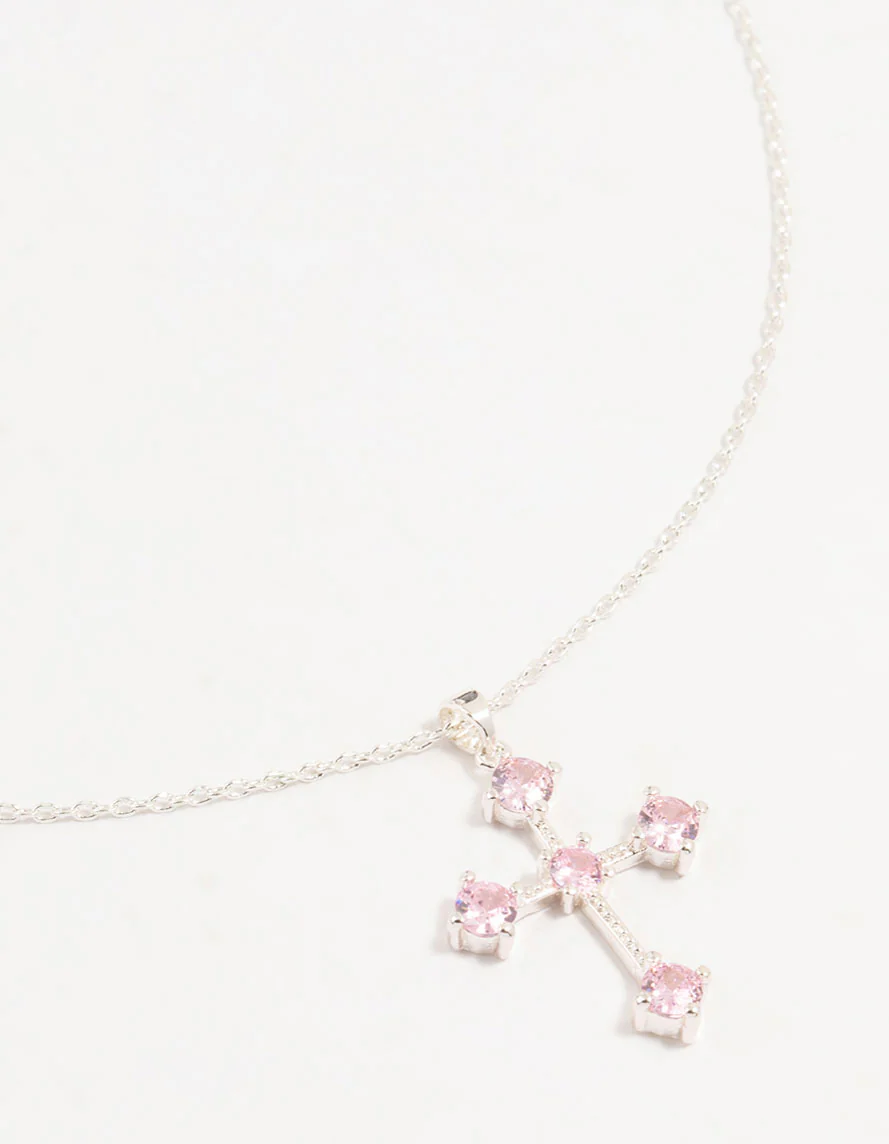 Silver Cubic Zirconia Round Cubic Zirconia Cross Pendant Necklace