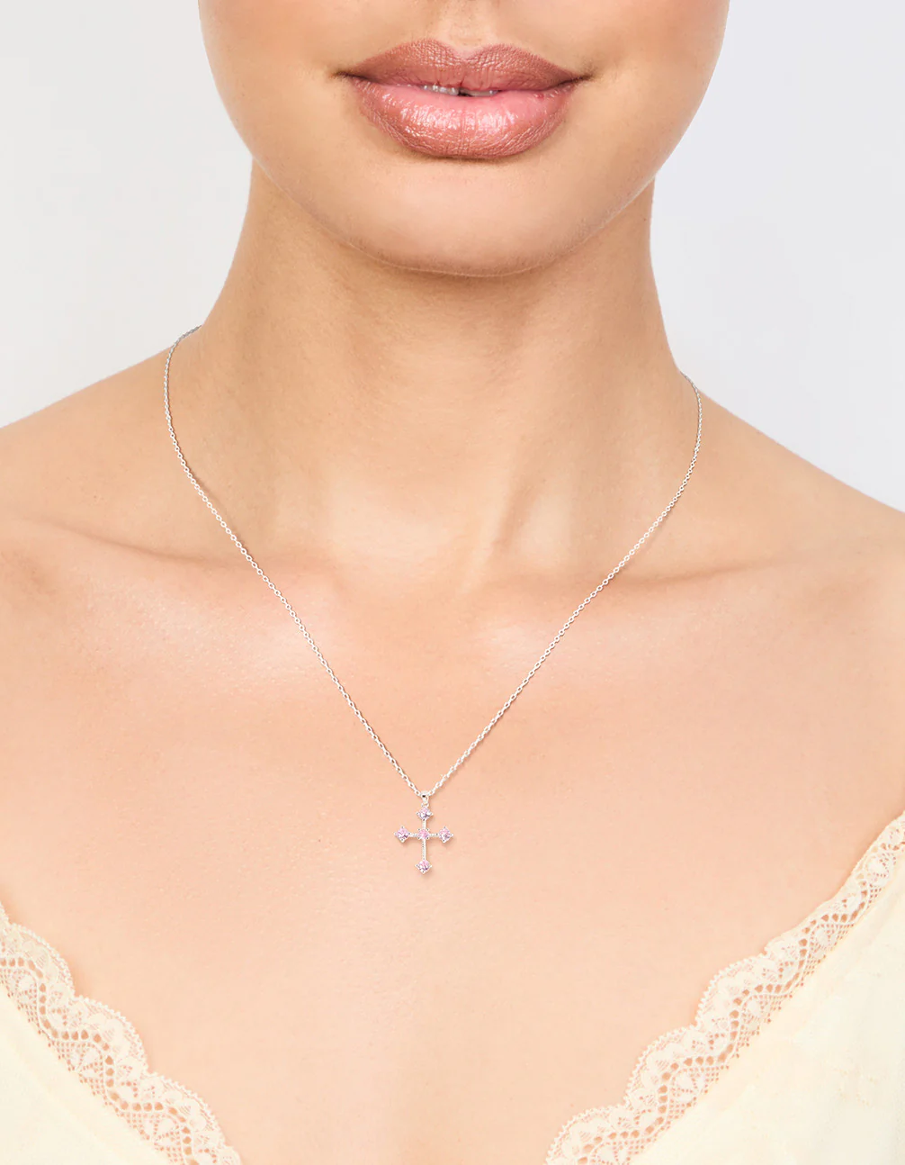 Silver Cubic Zirconia Round Cubic Zirconia Cross Pendant Necklace - Image 2