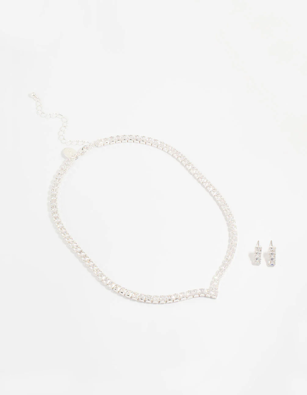 Silver Cubic Zirconia Thick V Necklace & Earrings Set - Image 2