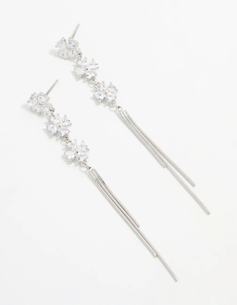 Silver Cubic Zirconia Triangular Floral Drop Earrings
