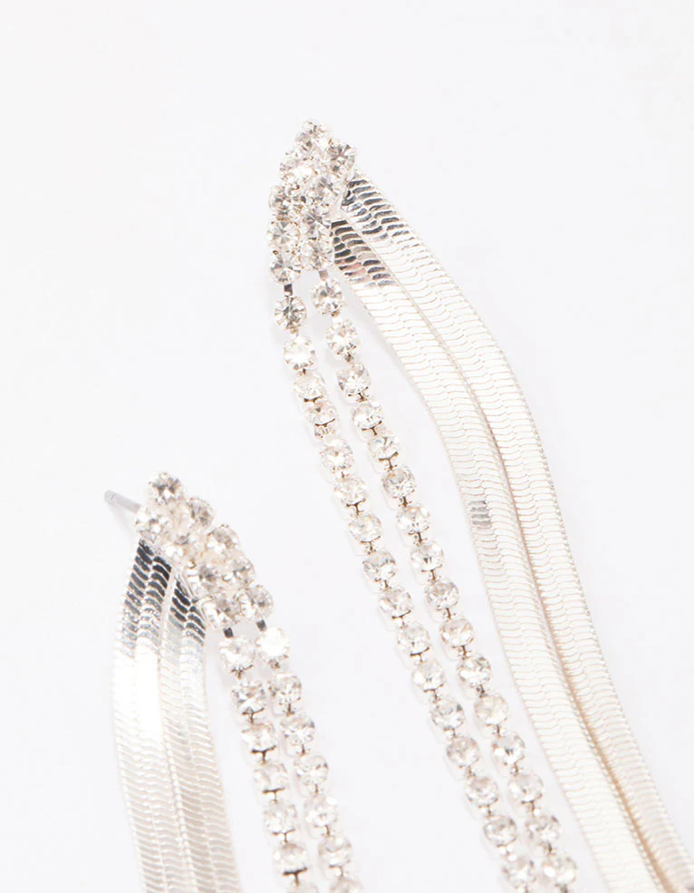 Silver Cup Chain Diamante Drop Earrings - Image 3