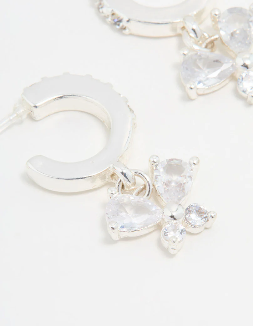 Silver Diamante Butterfly Hoop Earrings - Image 4