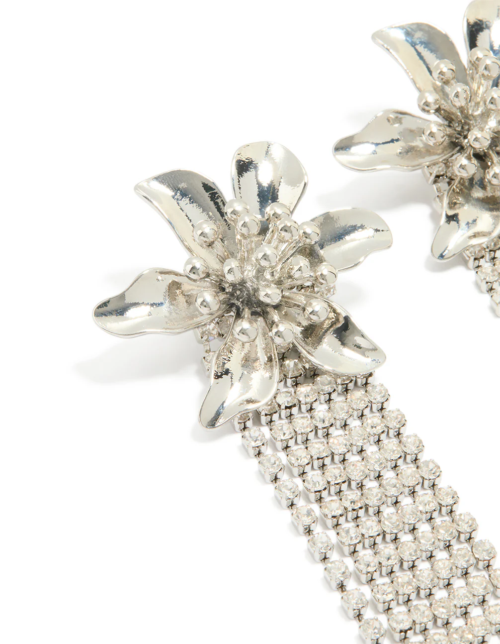 Silver Diamante Flower Drop Fringe Earrings - Image 2
