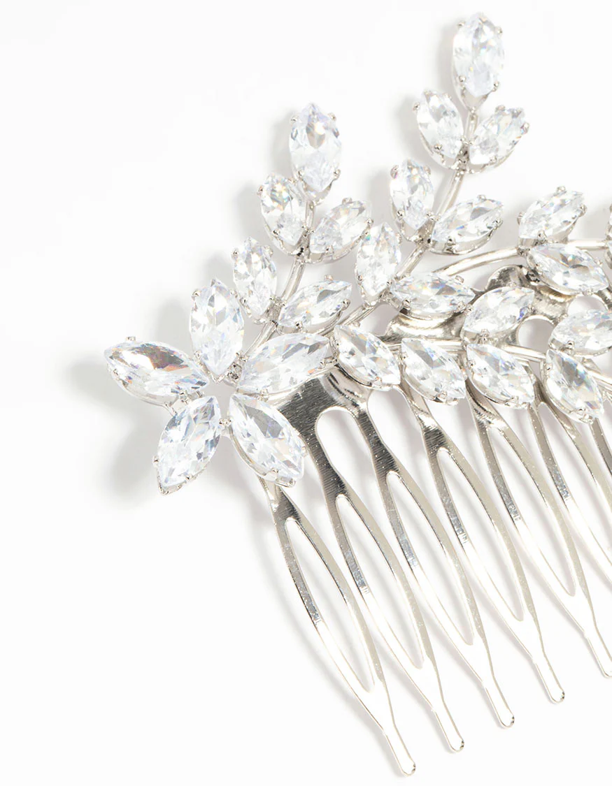Silver Diamante Flower & Leaf Hair Comb - Image 2